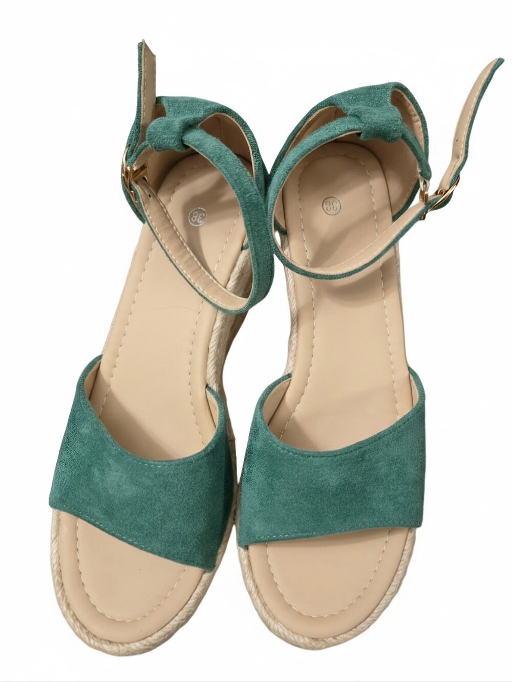 Green Suede Espadrille Wedge Sandals Ankle Strap Platform 38